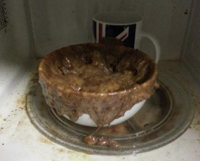 Photo of overflowing bowl of molten brown stuff