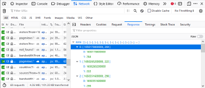 Screenshot of network tab in developer tools on Netlify Analytics web page, with the pageviews request selected