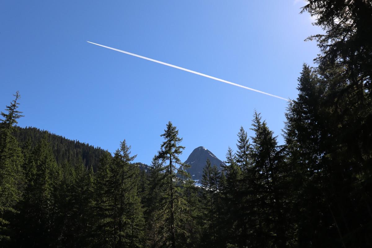 Pyramid Peak in the distance, somewhat obscured by trees, with an airplane flying overhead.