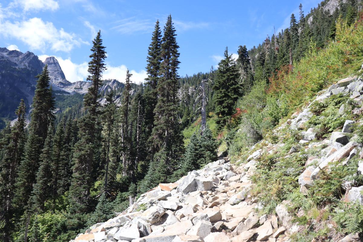 The trail with large scree boulders.