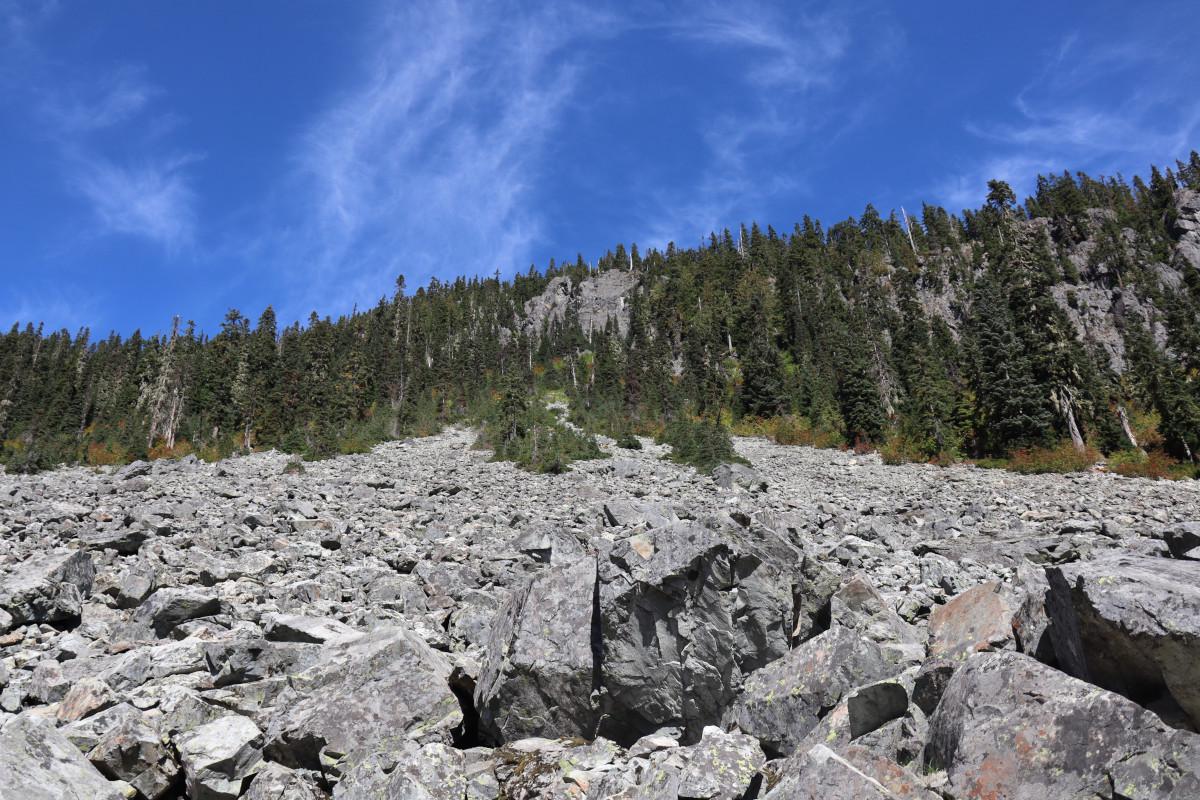 Looking up the final scree field on the way out.