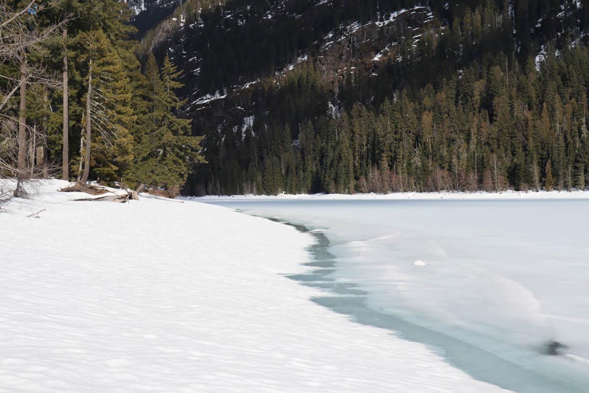 A section of frozen lake shoreline.