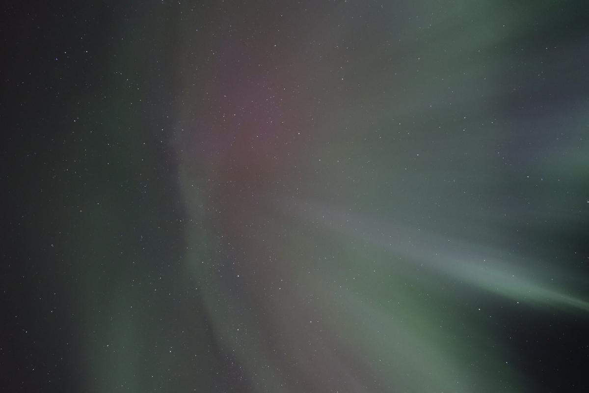 Photo looking straight up at bright green and red aurora.