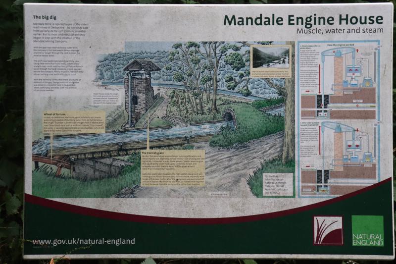 Sign illustrating the layout of Mandale Engine House. There is a river flowing under a stone bridge/tunnel and a tower made of stone bricks.
