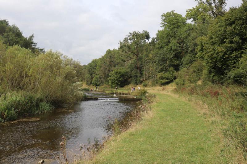 A calm river on the left, with a wide grassy path on the right.