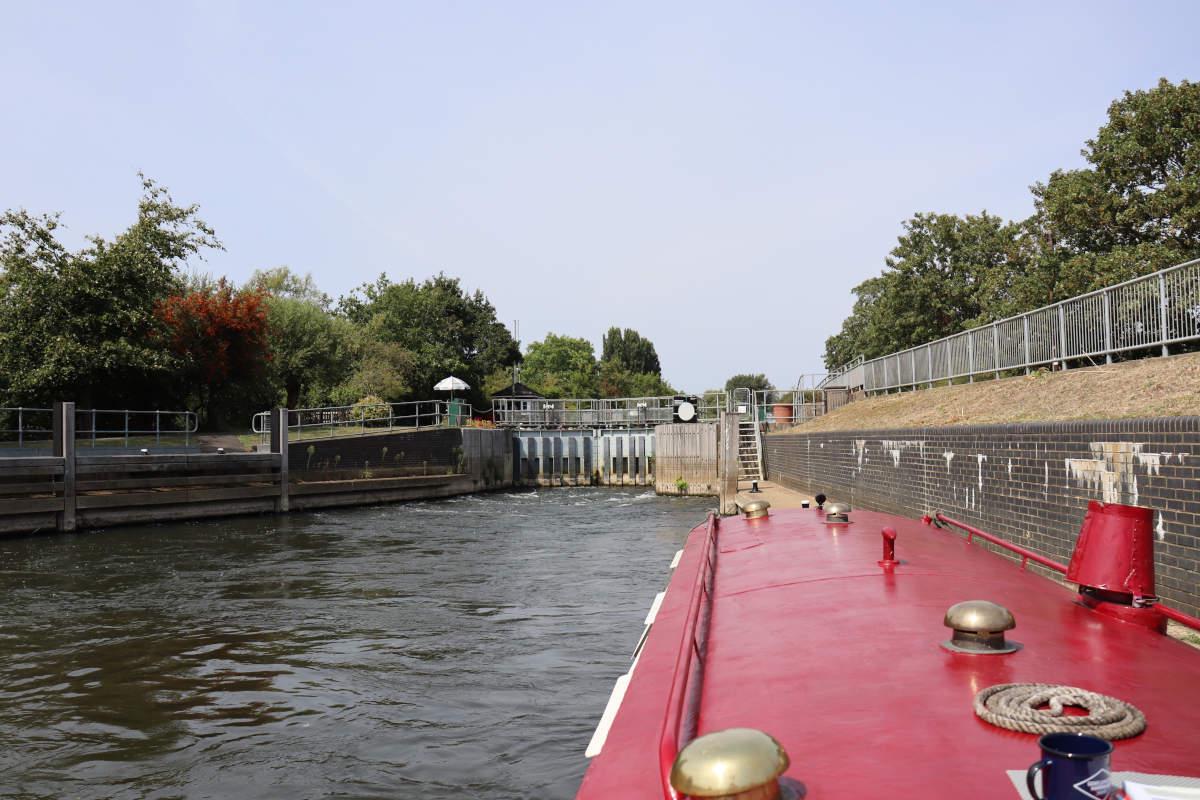 Moored at the entrance to a lock.
