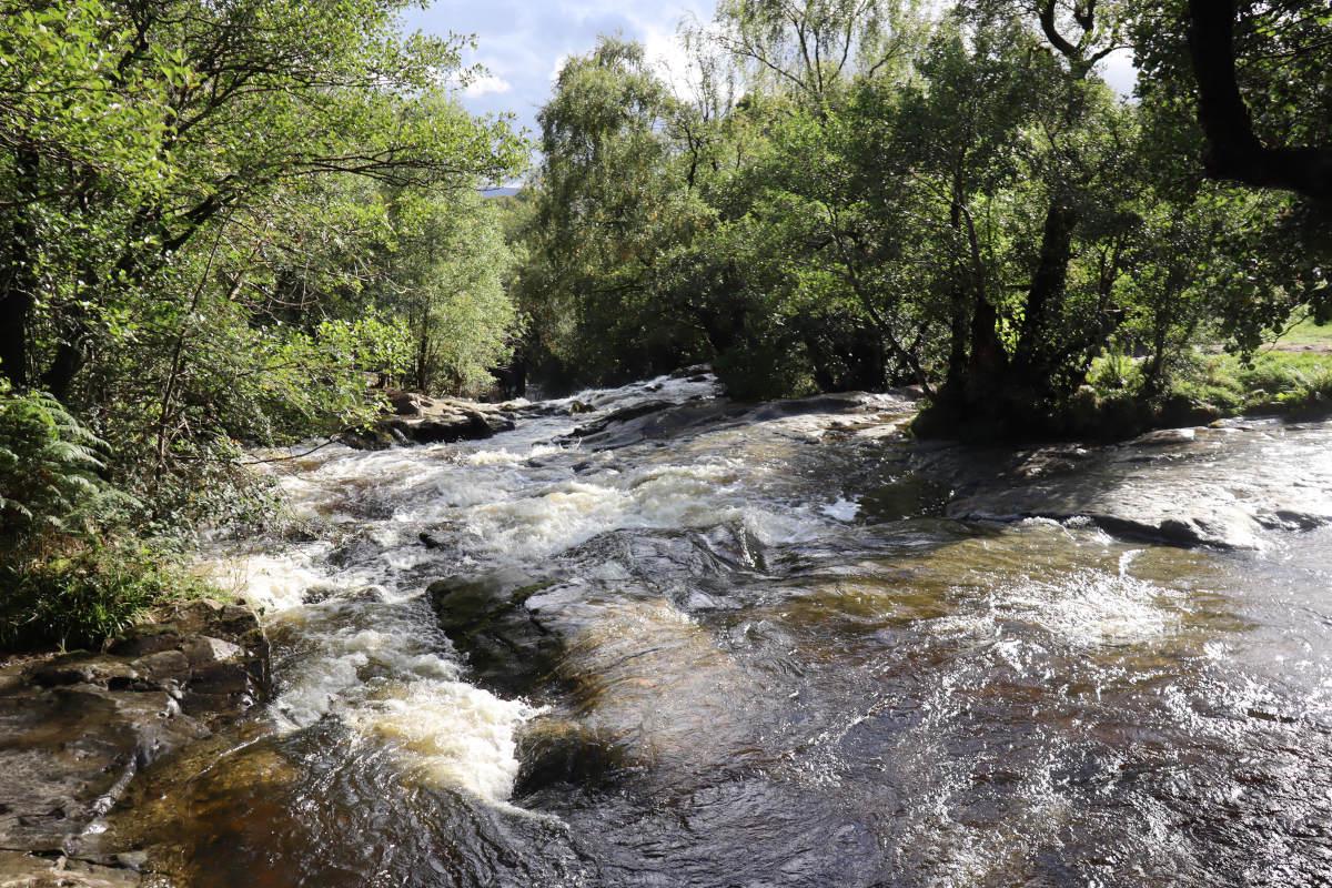 A wide and shallow stream over flat rocks.