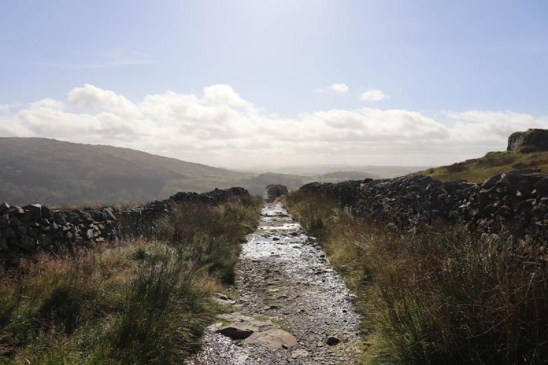 A wet stone track with stone walls on either side.
