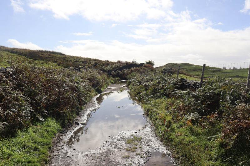 A puddle that almost spans the width of the gravel road.
