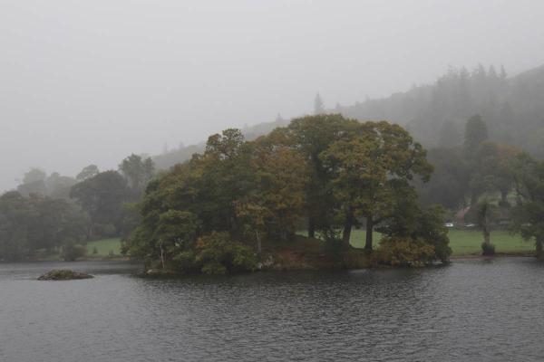 A wooded headland on the corner of Windermere.