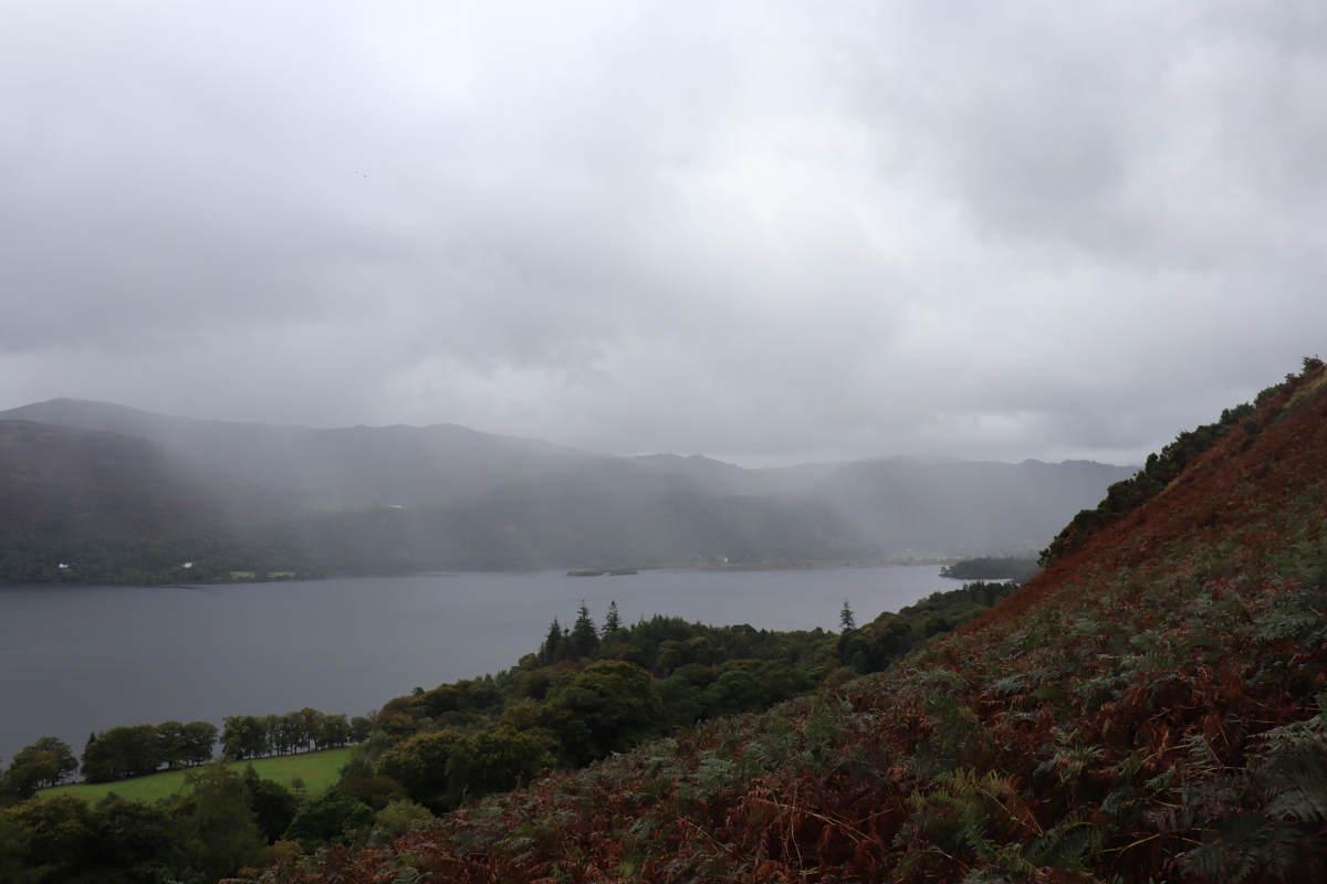 Rain falling over Derwent Water.