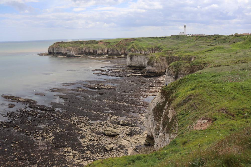 Looking along the coast to a distant lighthouse.