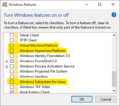 Screenshot of the 'Turn Windows features on or off' window, with 'Virtual Machine Platform', 'Windows Hypervisor Platform' and 'Windows Subsystem for Linux' disabled.