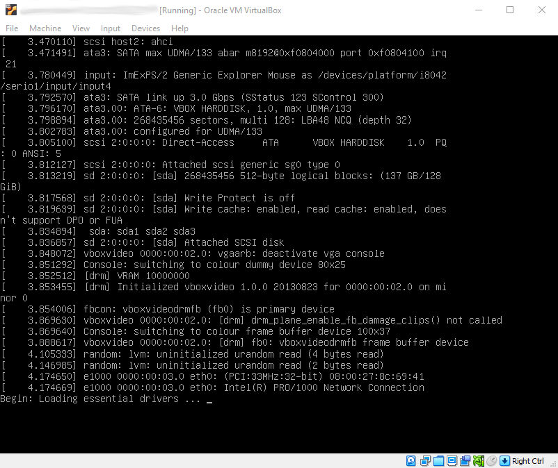 Screenshot of Ubuntu 22.04 VM stuck about 4 seconds into booting with the text 'Begin: Loading essential drivers ...' as the last line.