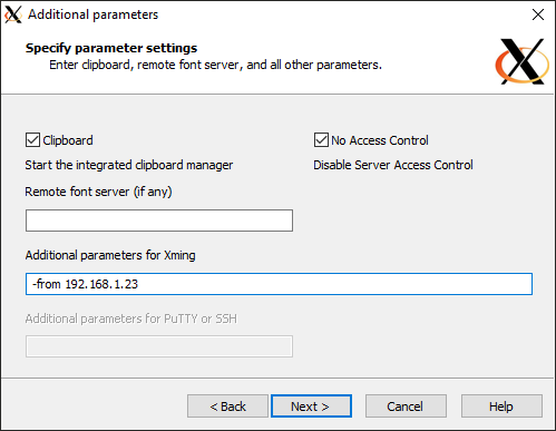 Screenshot of XLaunch application on the 'Specify parameter settings' page. The checkbox 'No Access Control' has been enabled, and the field 'Additional parameters for Xming' has '-from 192.168.1.23' inside.